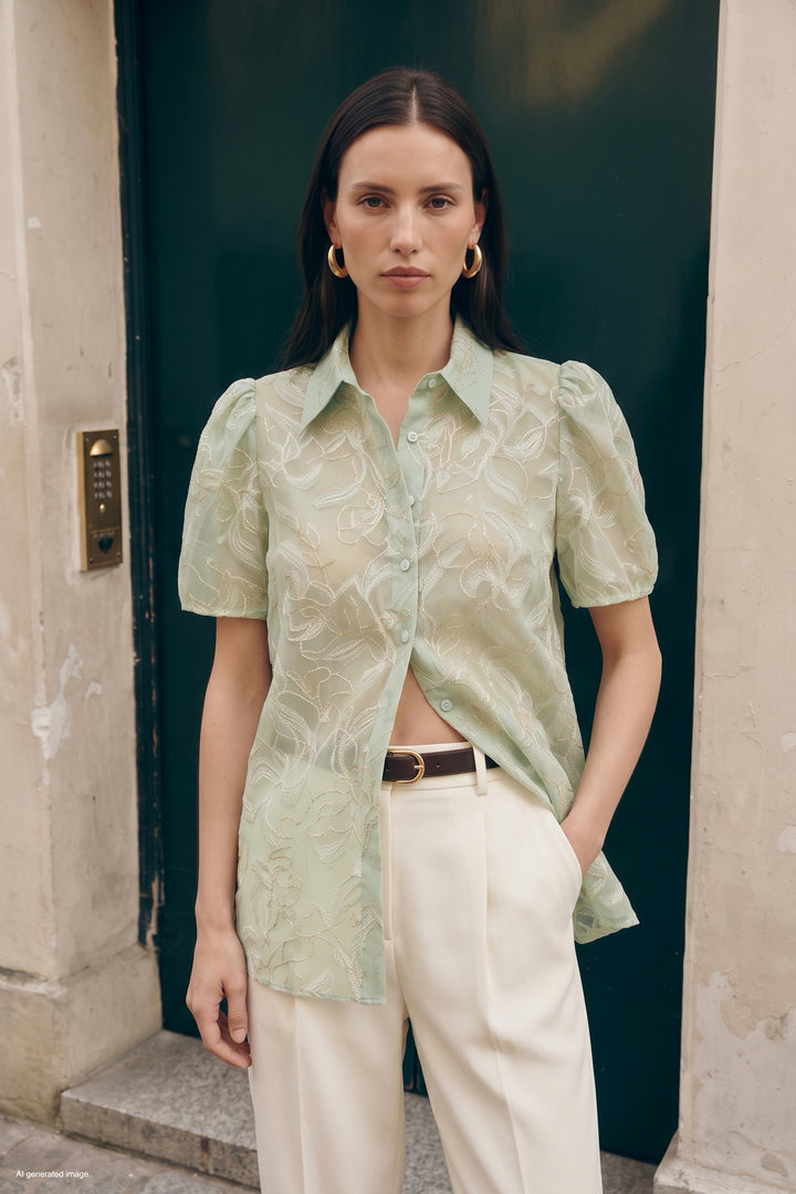 Sateen Chemise à Manches Courtes Brodée - Menthe