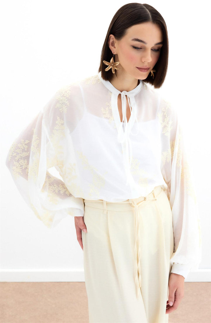 Sateen Chemise en chiffon brodée - Crème