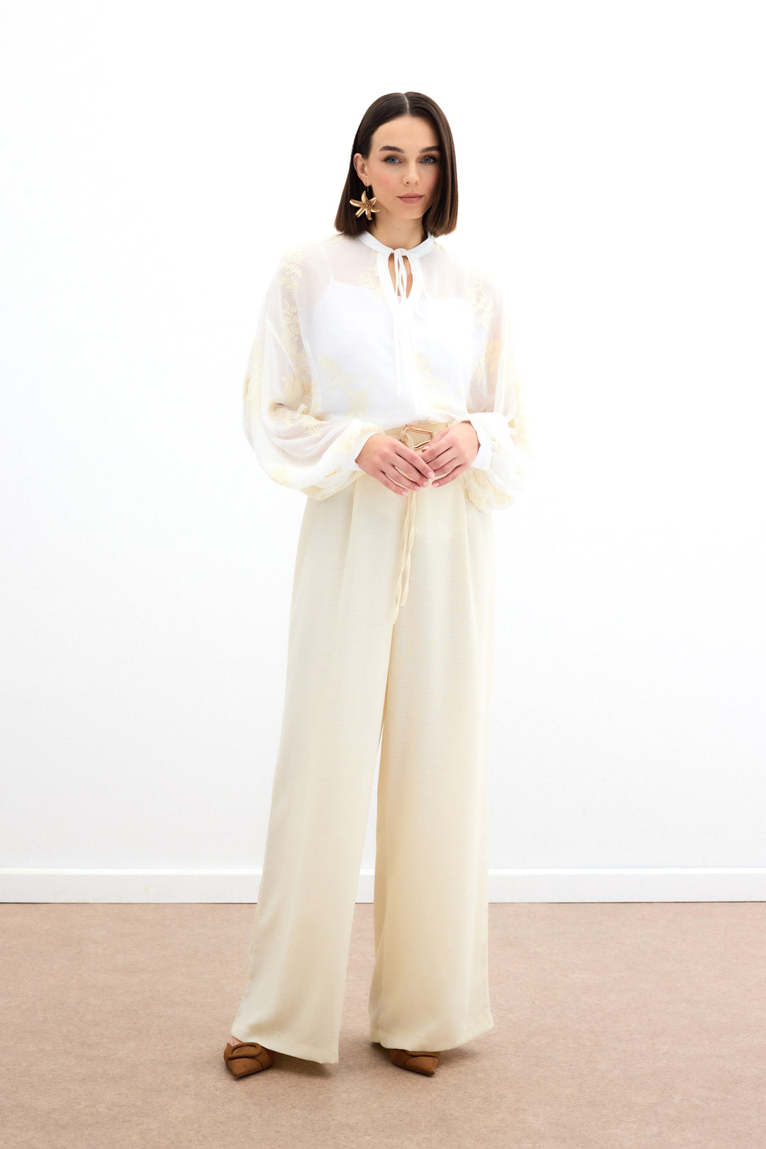 Sateen Chemise en chiffon brodée - Crème