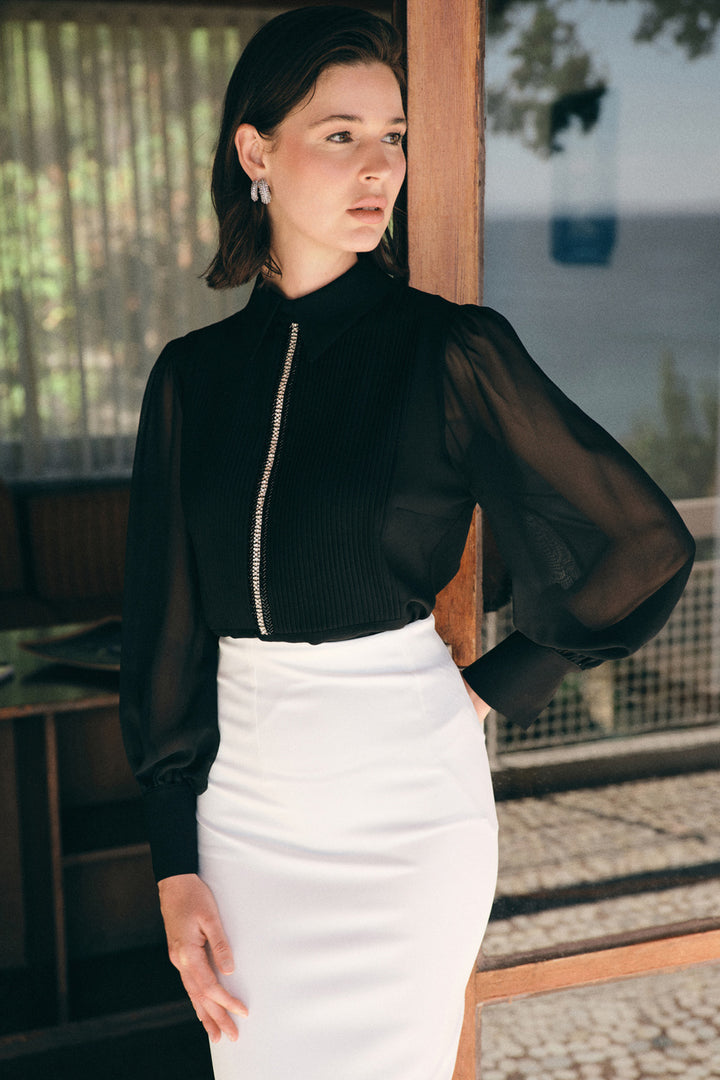 Sateen Blouse avec détail nervuré - Noir