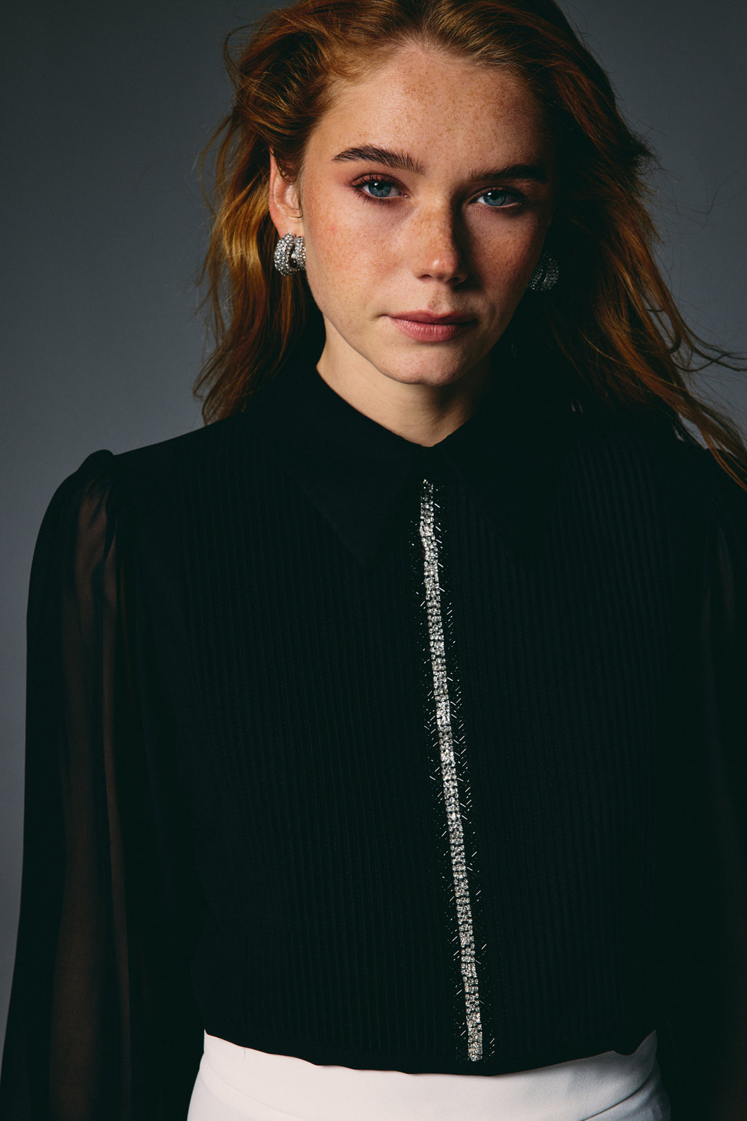 Sateen Blouse avec détail nervuré - Noir