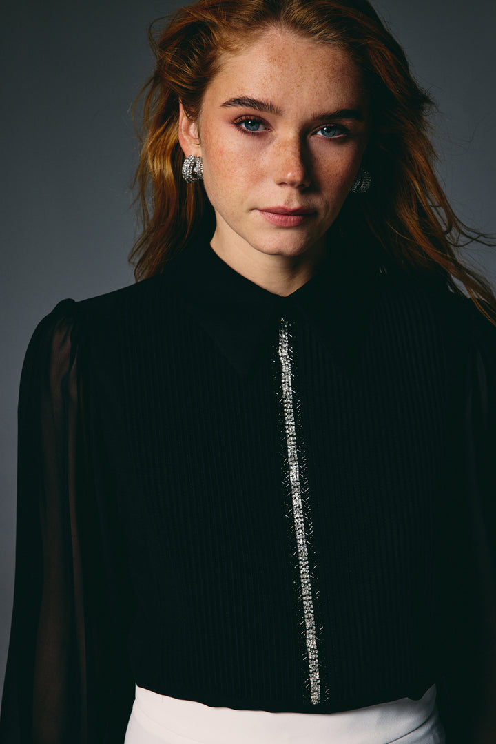 Sateen Blouse avec détail nervuré - Noir