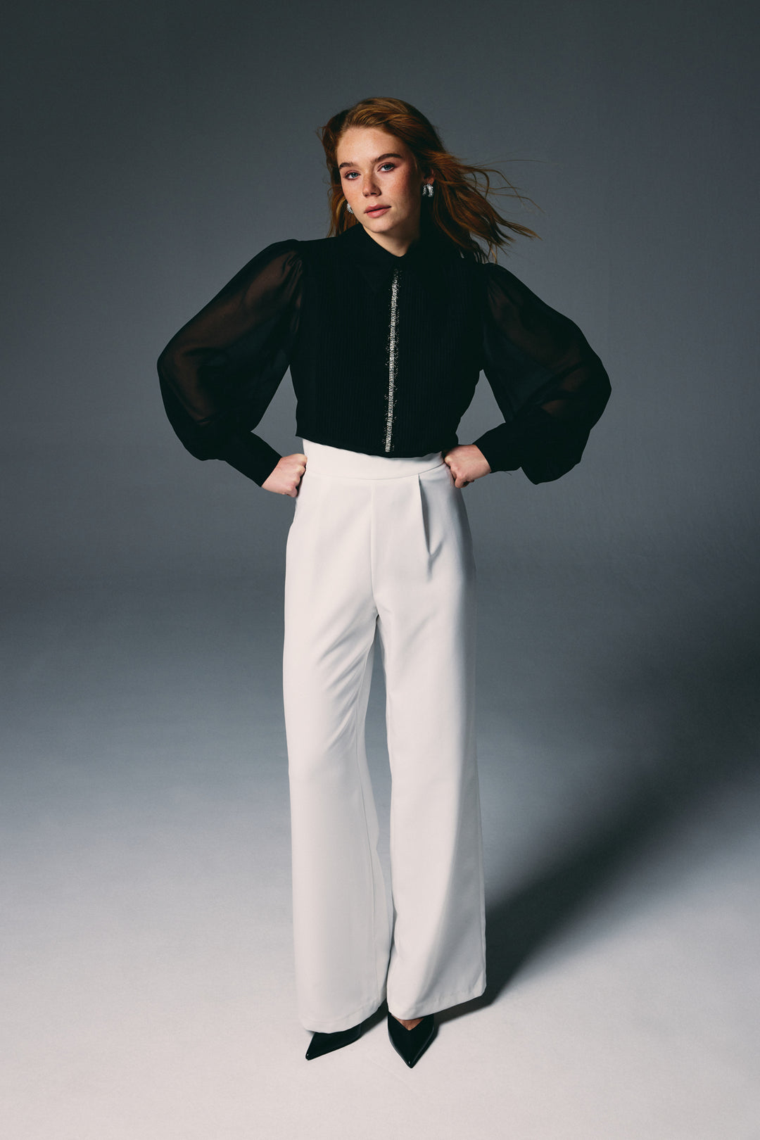 Sateen Blouse avec détail nervuré - Noir