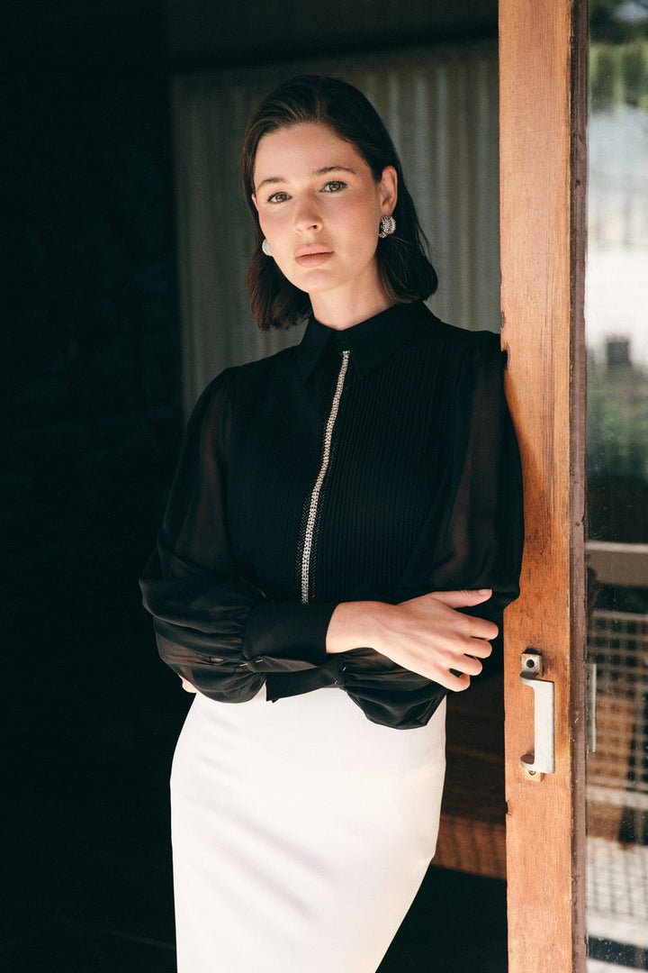 Sateen Blouse avec détail nervuré - Noir