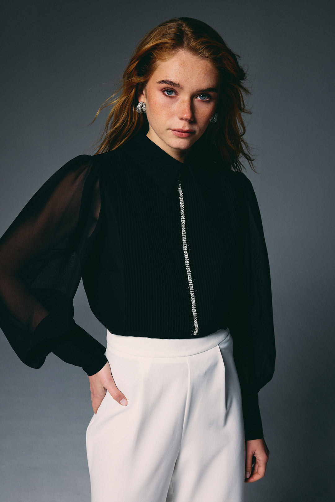 Sateen Blouse avec détail nervuré - Noir