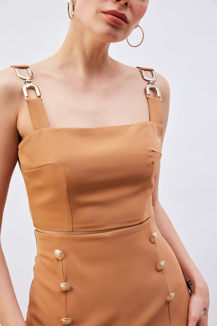 Sateen Blouse Crop avec Accessoires d'Épaule - camel