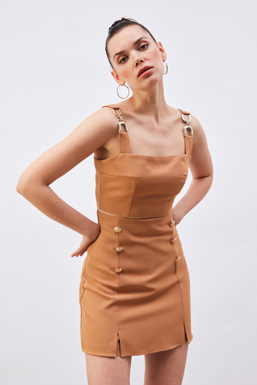 Sateen Blouse Crop avec Accessoires d'Épaule - camel