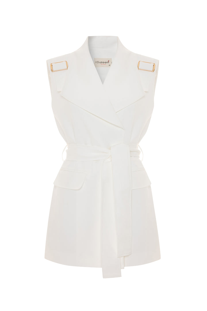 Sateen Gilet à ceinture avec accessoire d'épaule - Écru