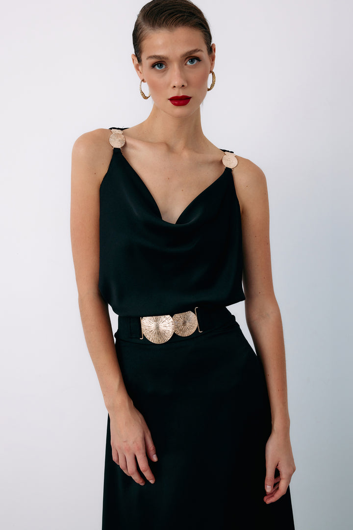 Sateen Blouse ample avec accessoire d'épaule - Noir