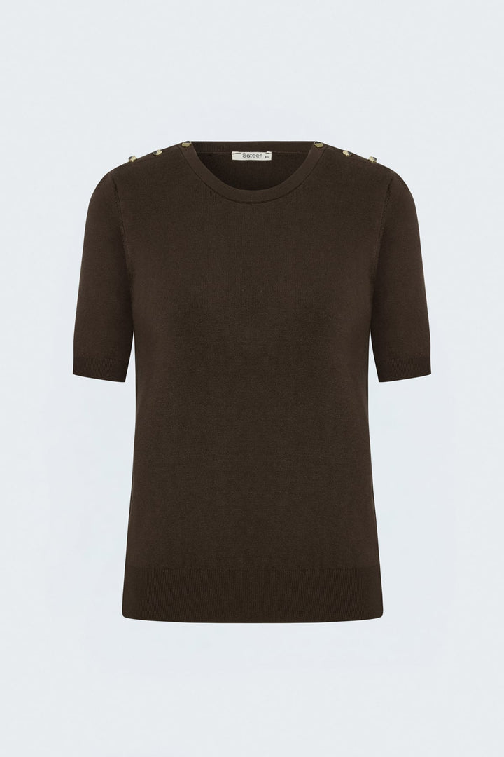 Sateen Pull à manches courtes à boutons aux épaules - Marron