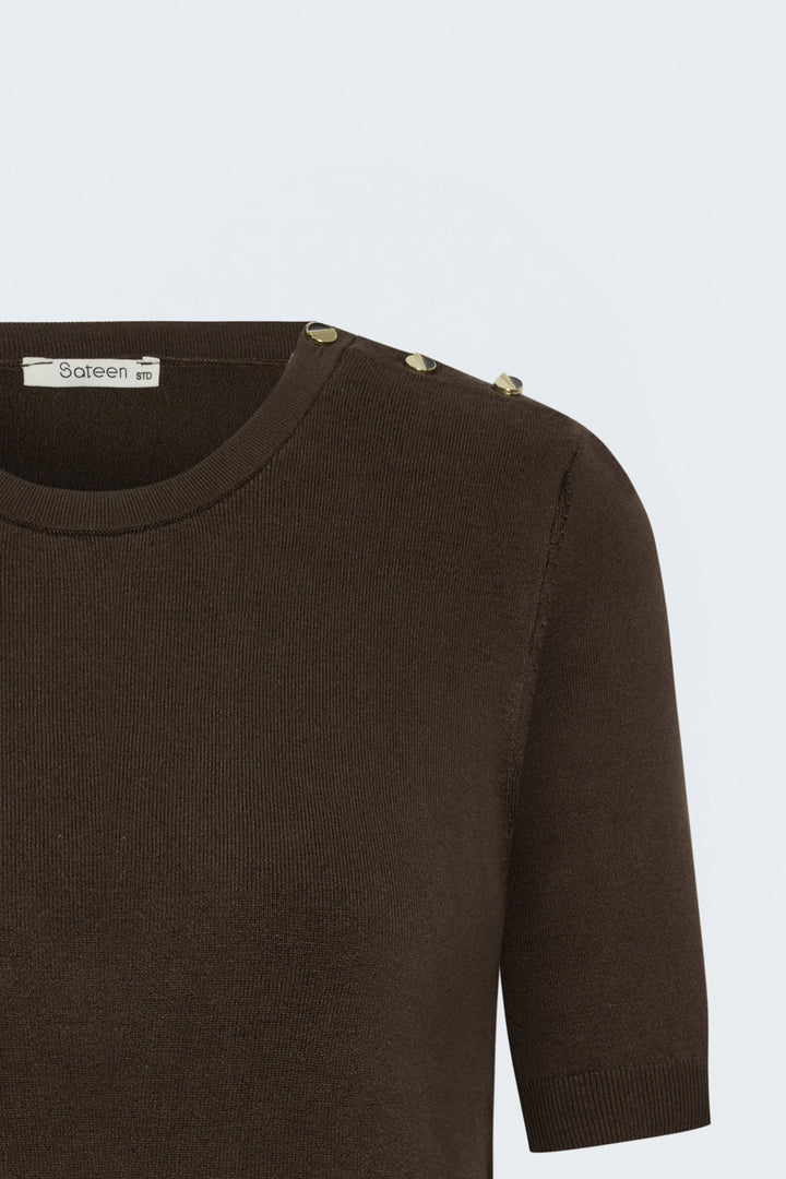 Sateen Pull à manches courtes à boutons aux épaules - Marron
