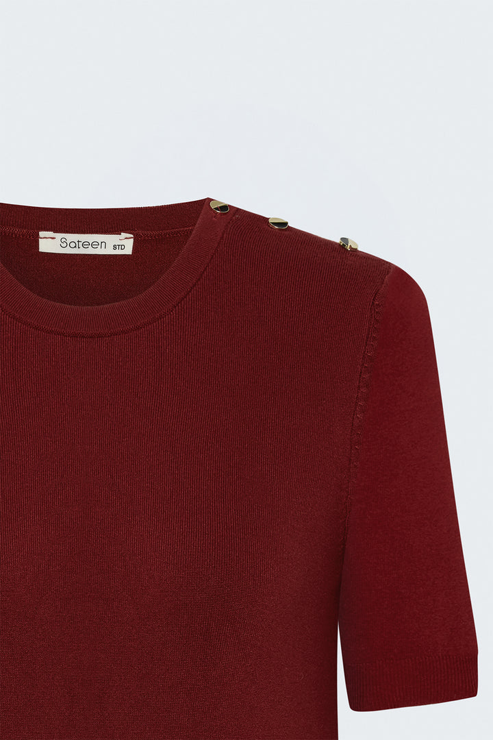 Sateen Tricot à manches courtes avec boutons aux épaules - Rouge