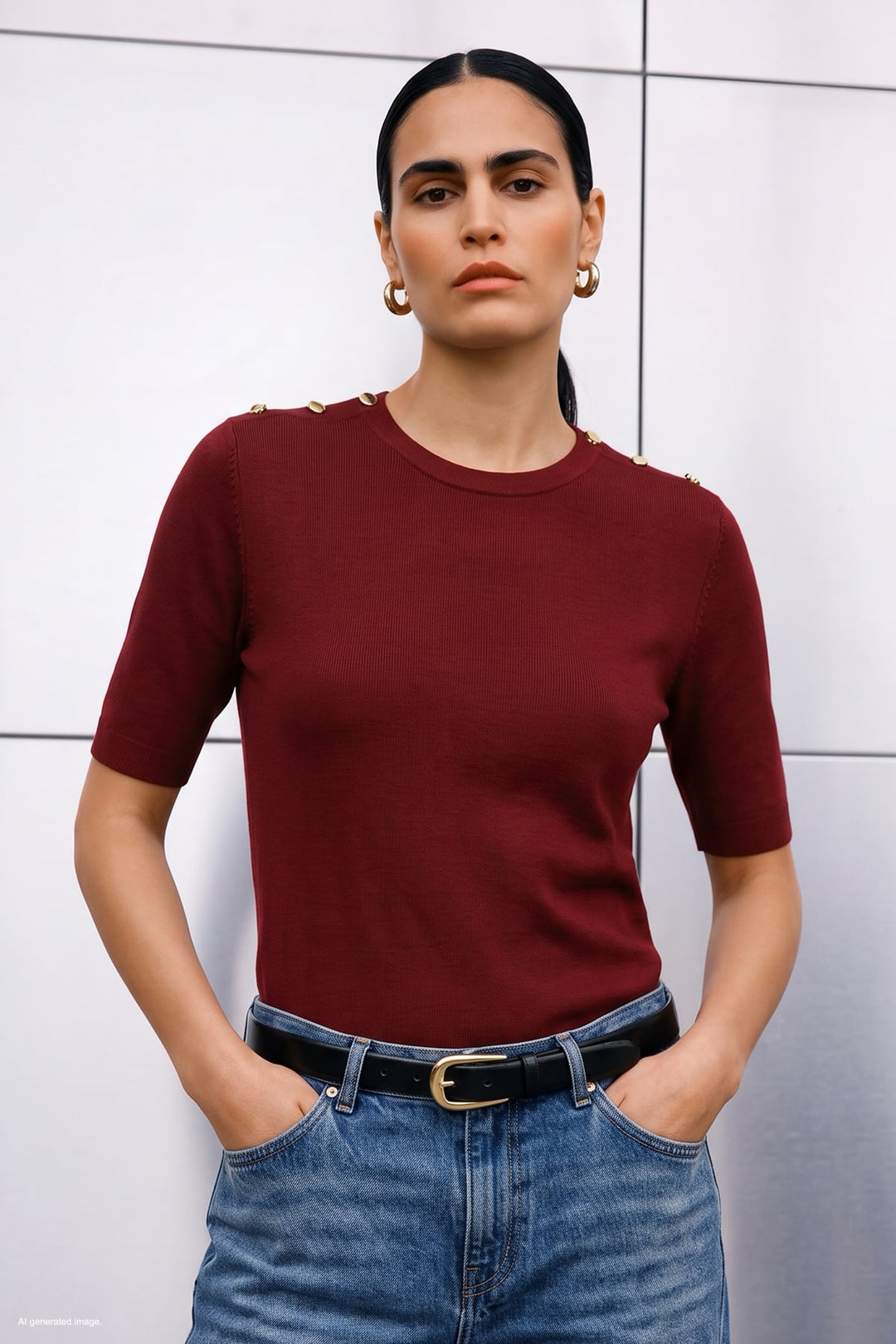 Sateen Tricot à manches courtes avec boutons aux épaules - Rouge
