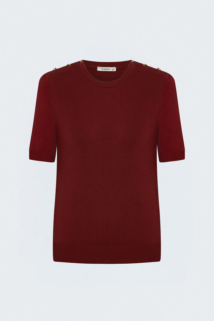 Sateen Tricot à manches courtes avec boutons aux épaules - Rouge