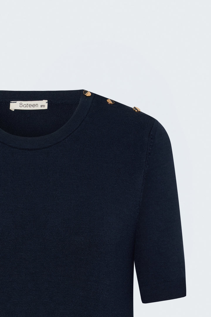 Sateen Tricot à manches courtes avec boutons aux épaules - Bleu marine