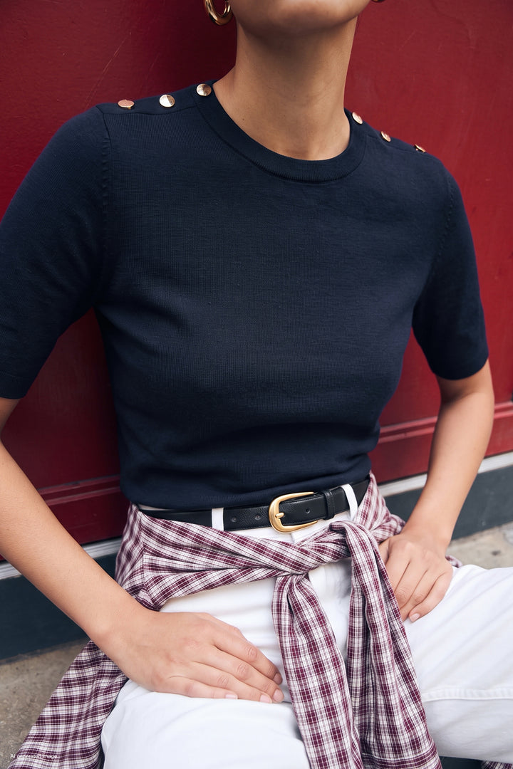 Sateen Tricot à manches courtes avec boutons aux épaules - Bleu marine