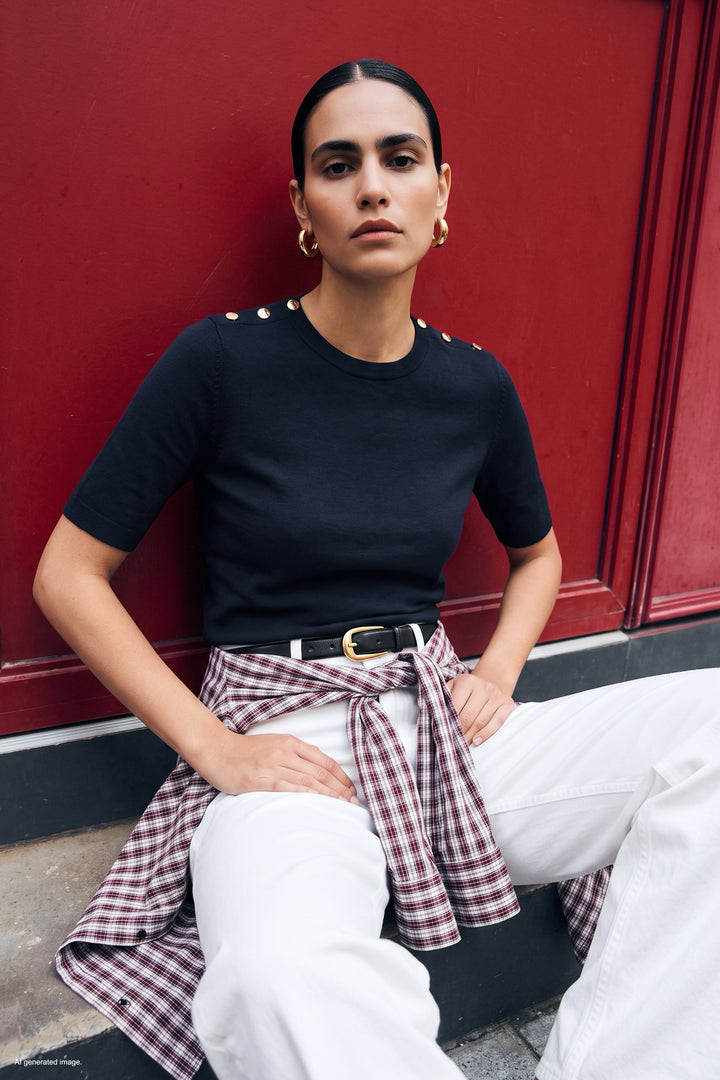 Sateen Tricot à manches courtes avec boutons aux épaules - Bleu marine