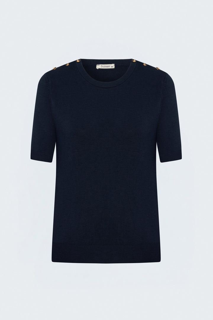 Sateen Tricot à manches courtes avec boutons aux épaules - Bleu marine