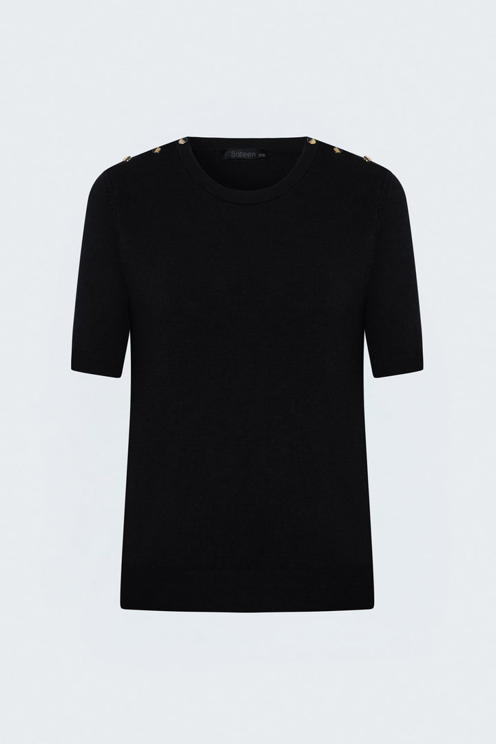 Sateen Pull à manches courtes à boutons aux épaules - Noir