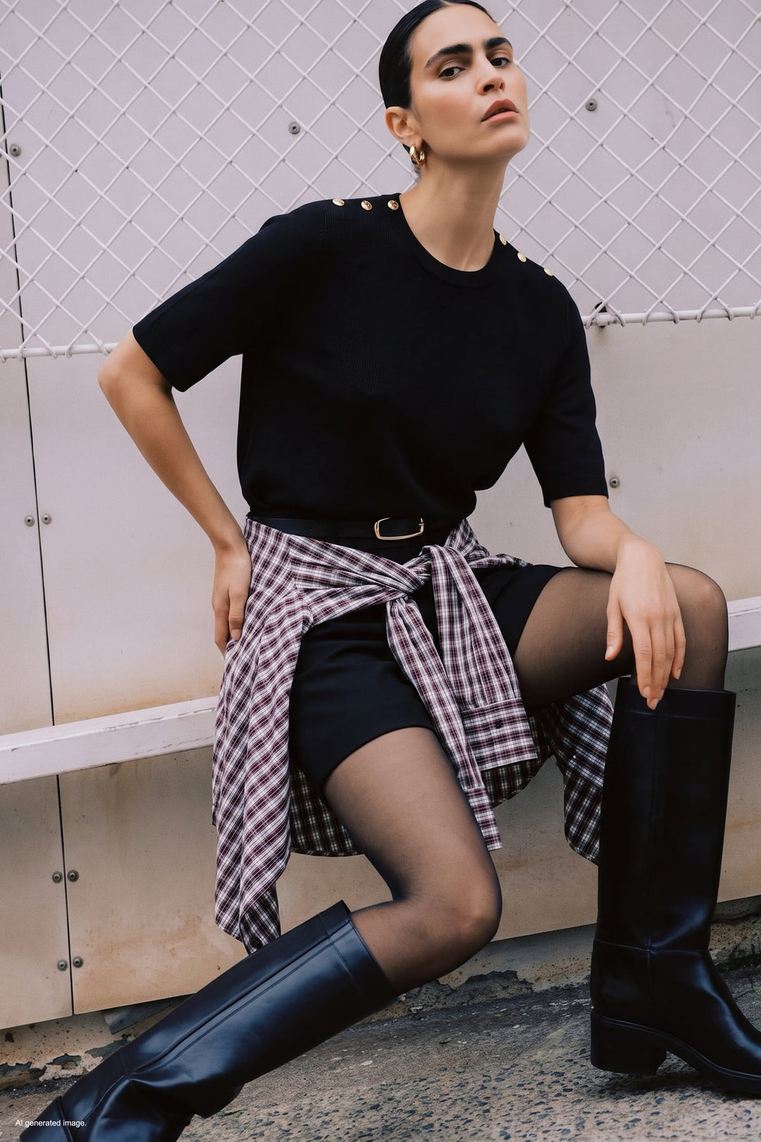 Sateen Pull à manches courtes à boutons aux épaules - Noir