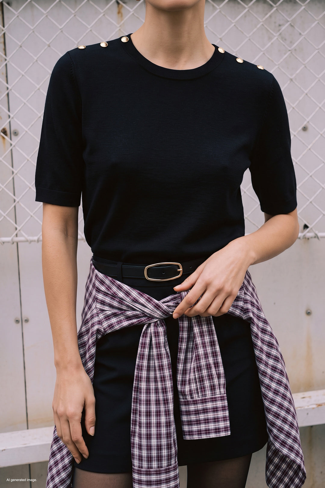 Sateen Pull à manches courtes à boutons aux épaules - Noir