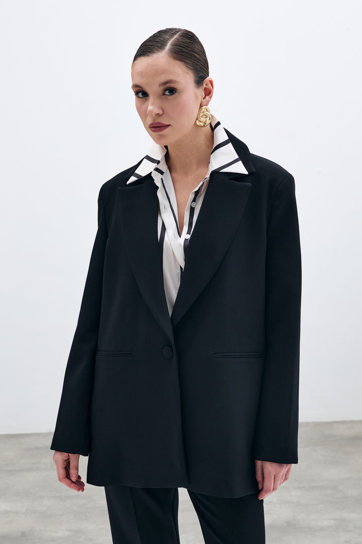 Sateen Veste longue à bouton unique - Noir