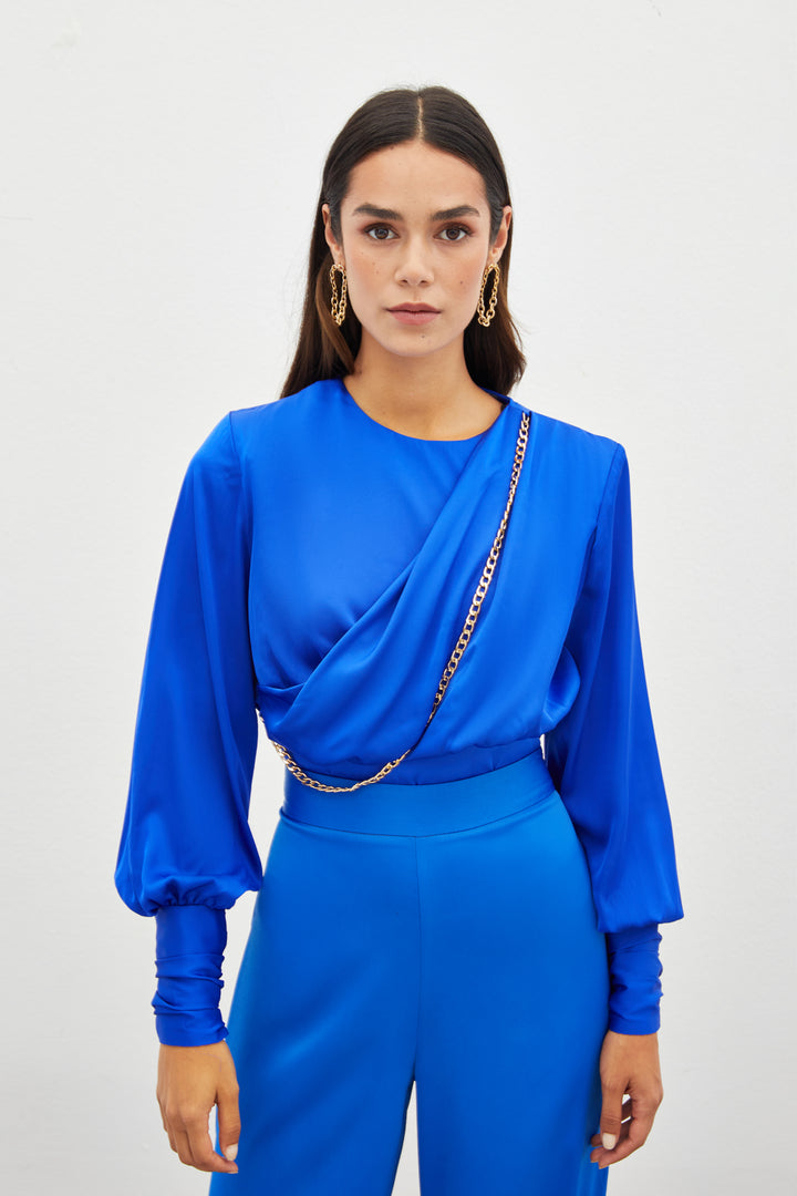 Sateen Blouse en satin à chaîne avant - sax Bleu