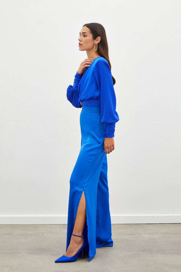 Sateen Blouse en satin à chaîne avant - sax Bleu