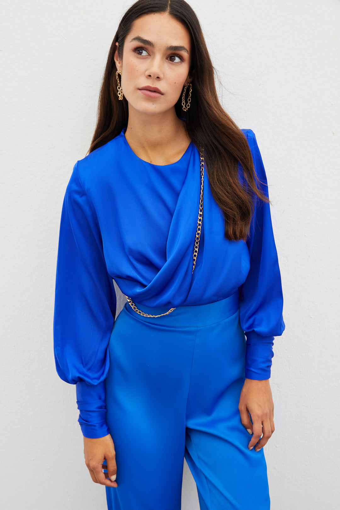 Sateen Blouse en satin à chaîne avant - sax Bleu