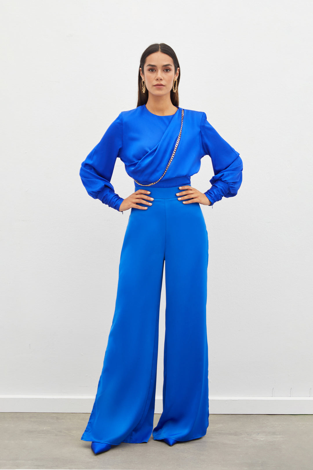 Sateen Blouse en satin à chaîne avant - sax Bleu