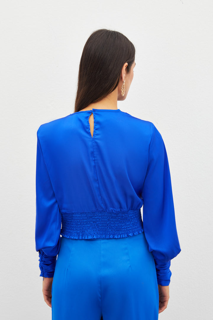 Sateen Blouse en satin à chaîne avant - sax Bleu