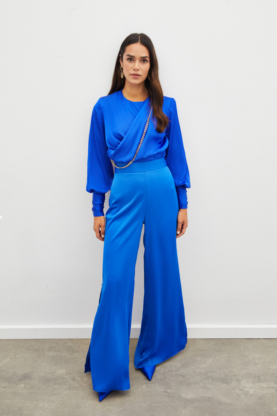 Sateen Blouse en satin à chaîne avant - sax Bleu