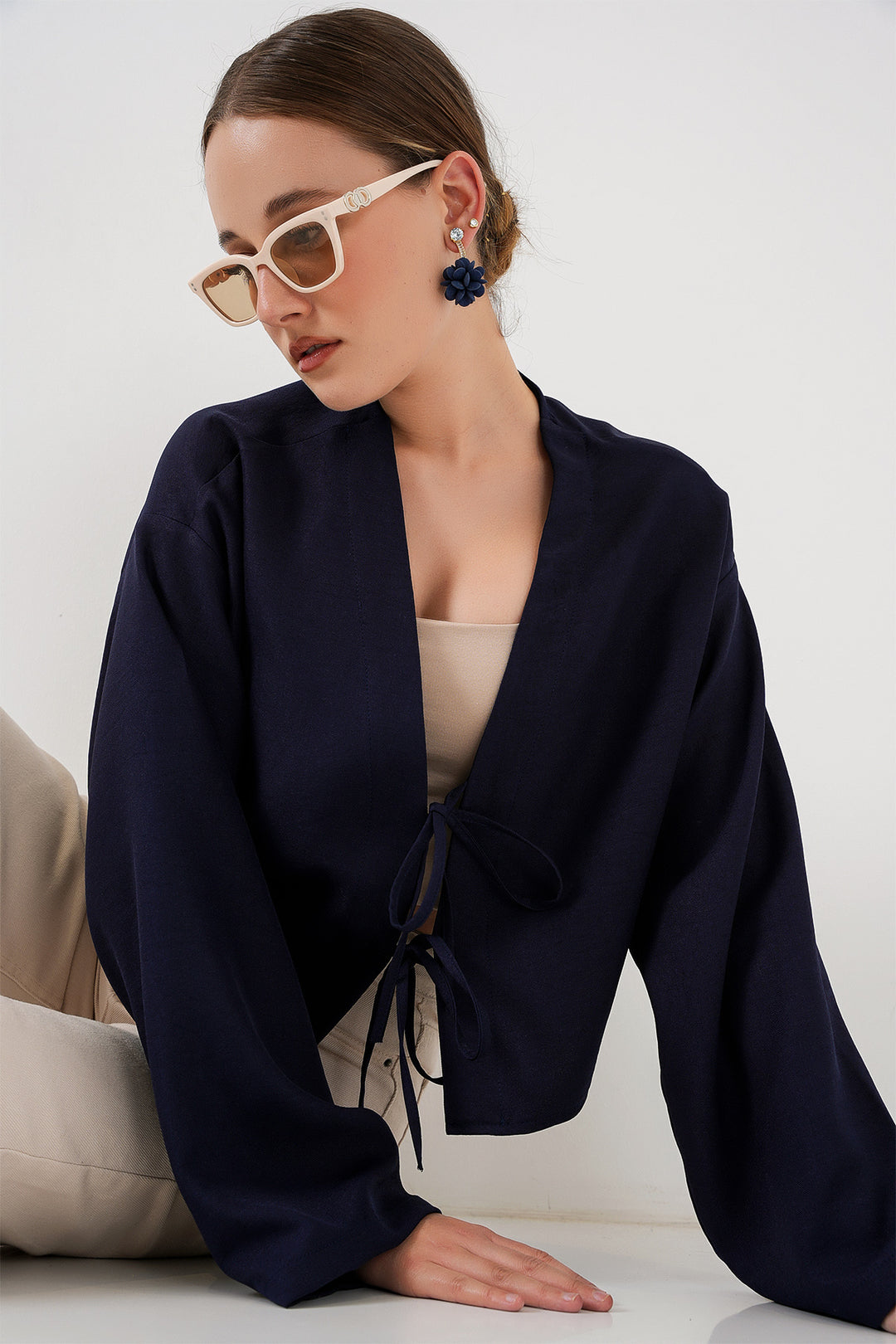 Bigdart Kimono en lin à nouer à l'avant 960 - Bleu marine