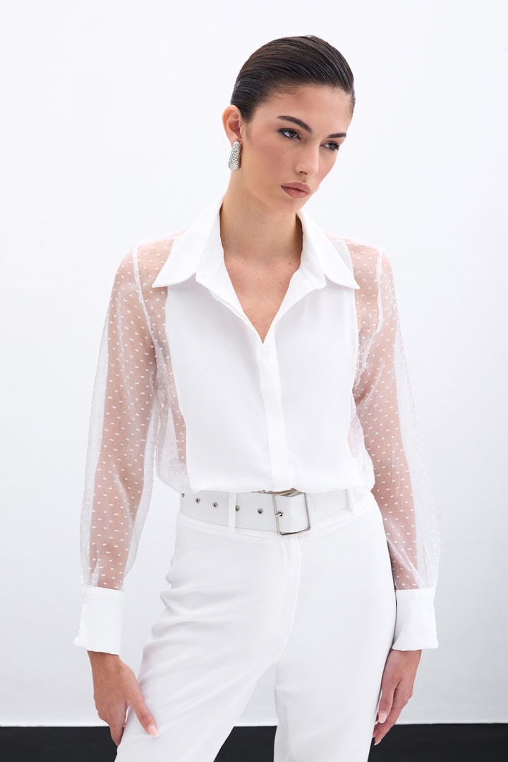 Sateen Chemise avec détails en organza - Écru