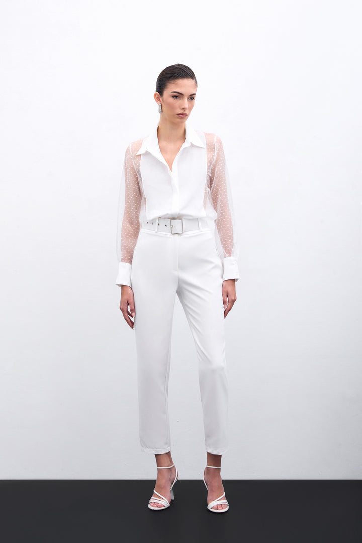 Sateen Chemise avec détails en organza - Écru