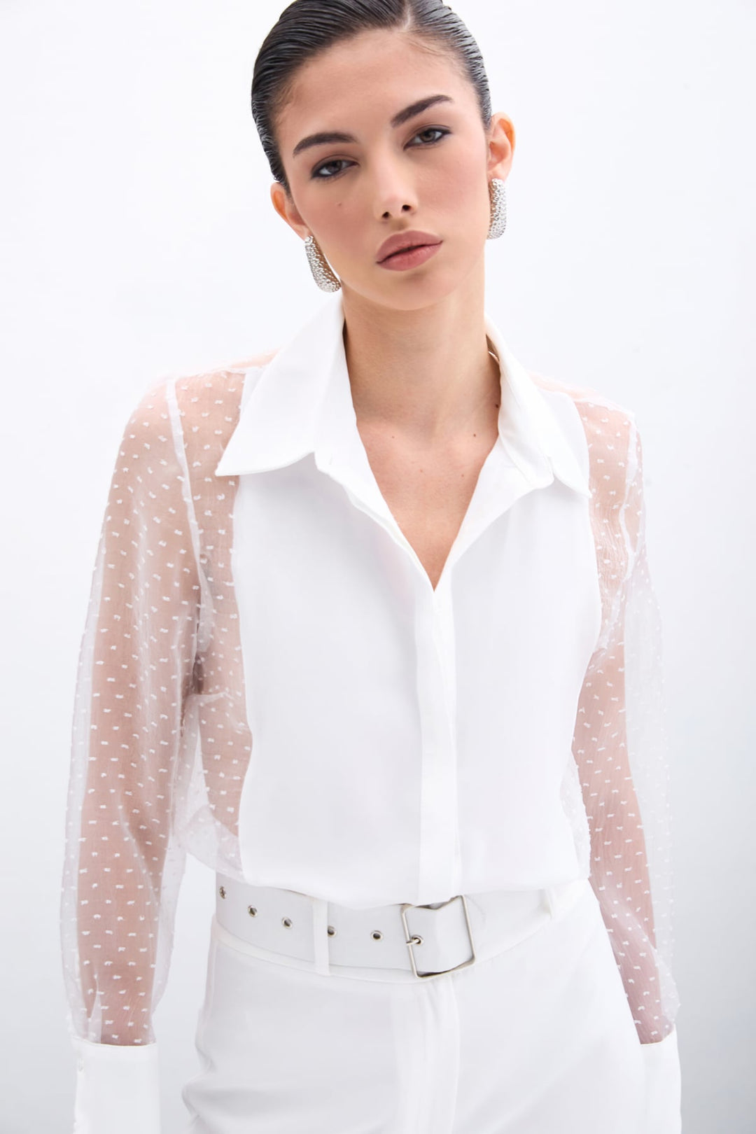 Sateen Chemise avec détails en organza - Écru