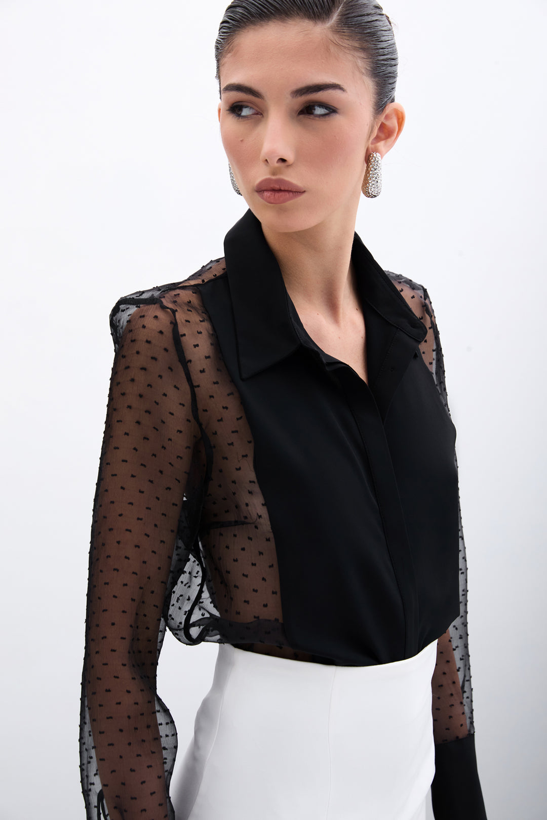 Sateen Chemise avec détails en organza - Noir