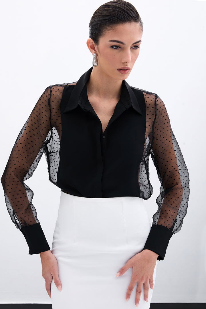 Sateen Chemise avec détails en organza - Noir