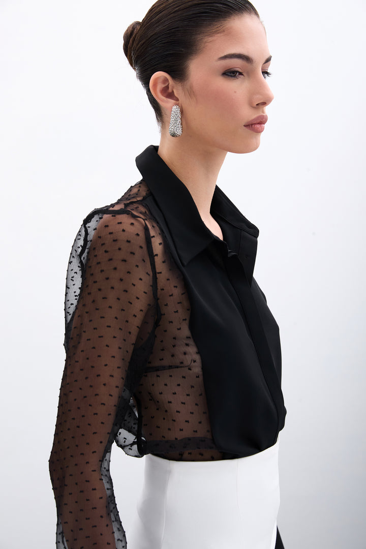 Sateen Chemise avec détails en organza - Noir