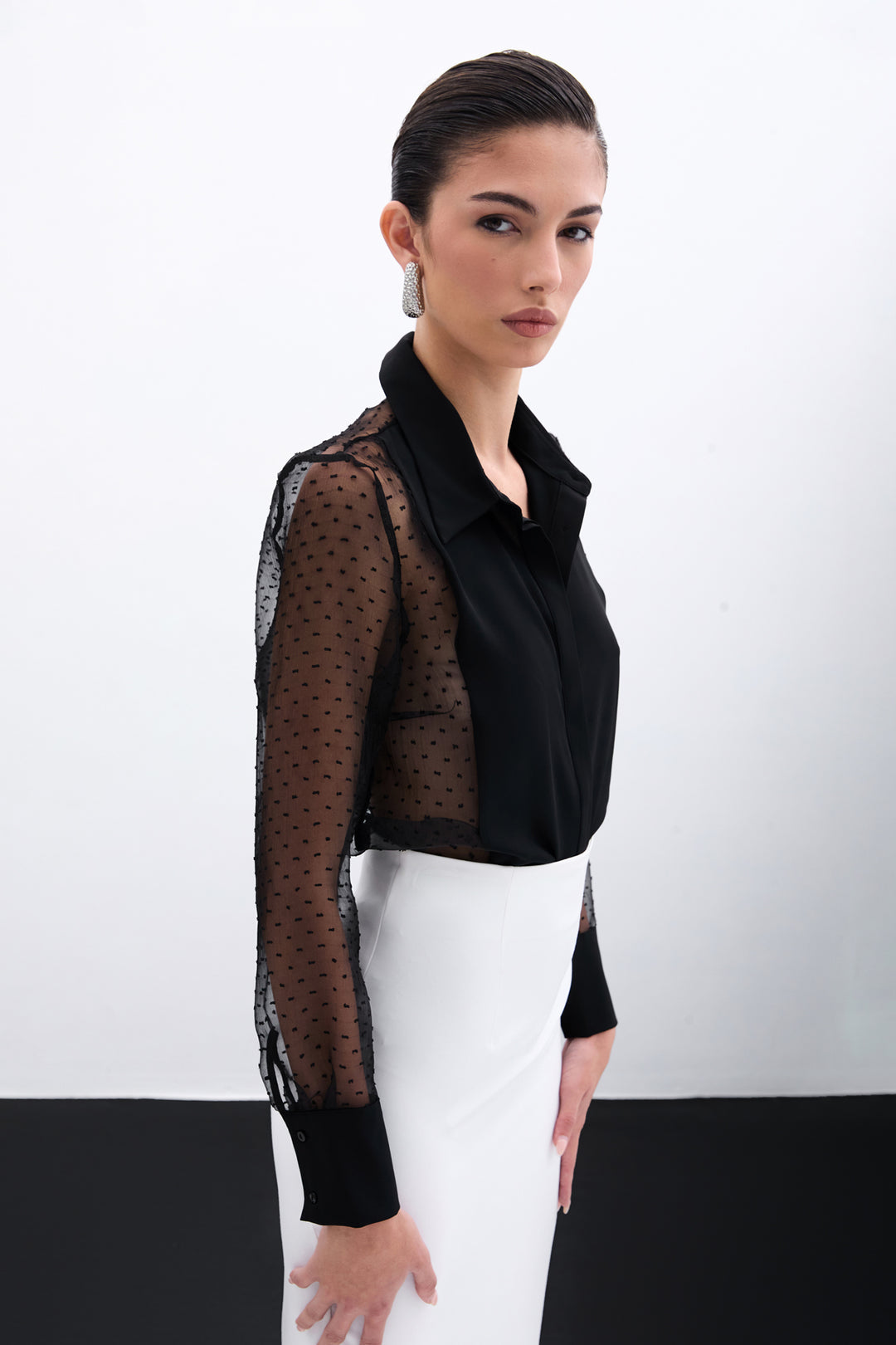 Sateen Chemise avec détails en organza - Noir