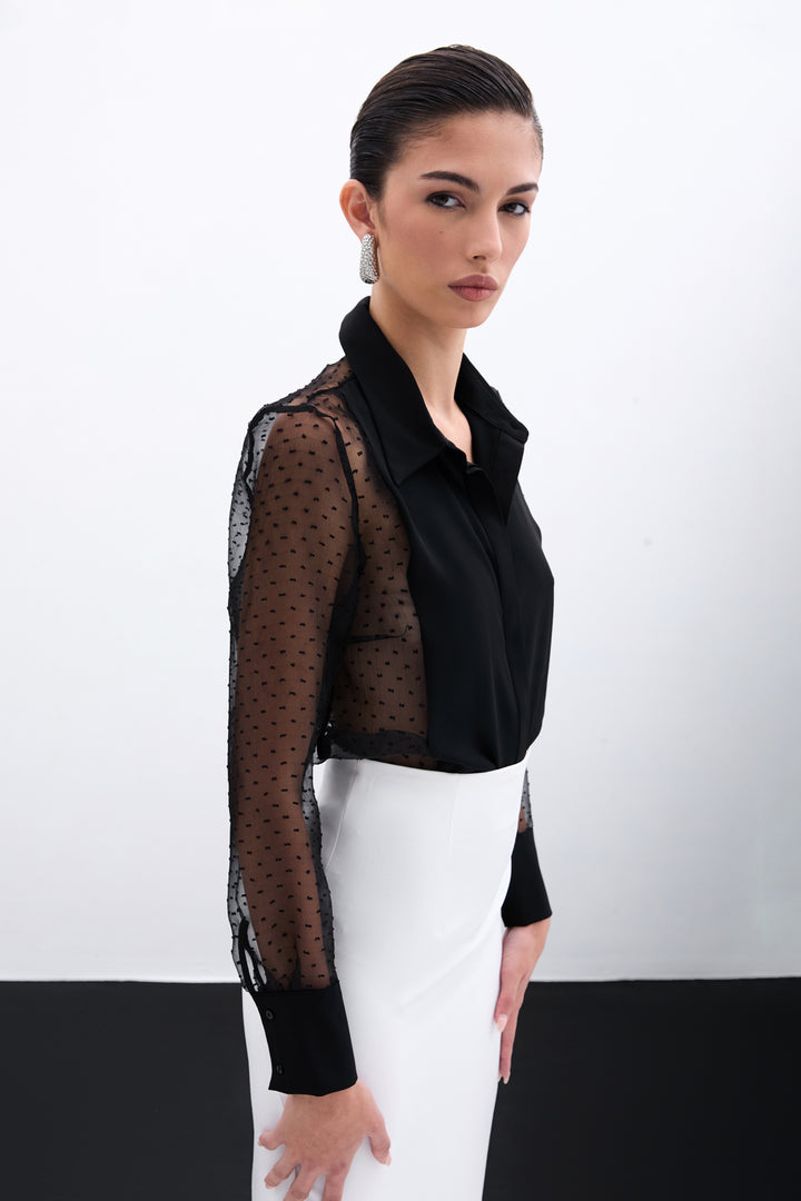 Sateen Chemise avec détails en organza - Noir