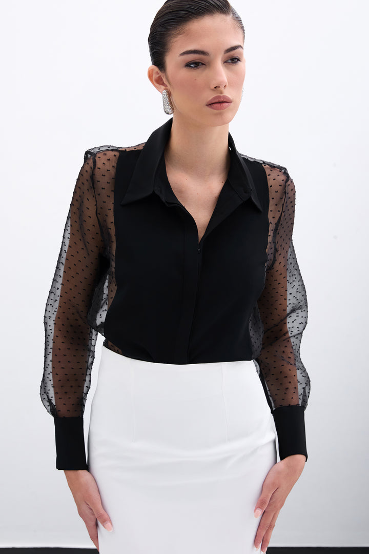 Sateen Chemise avec détails en organza - Noir