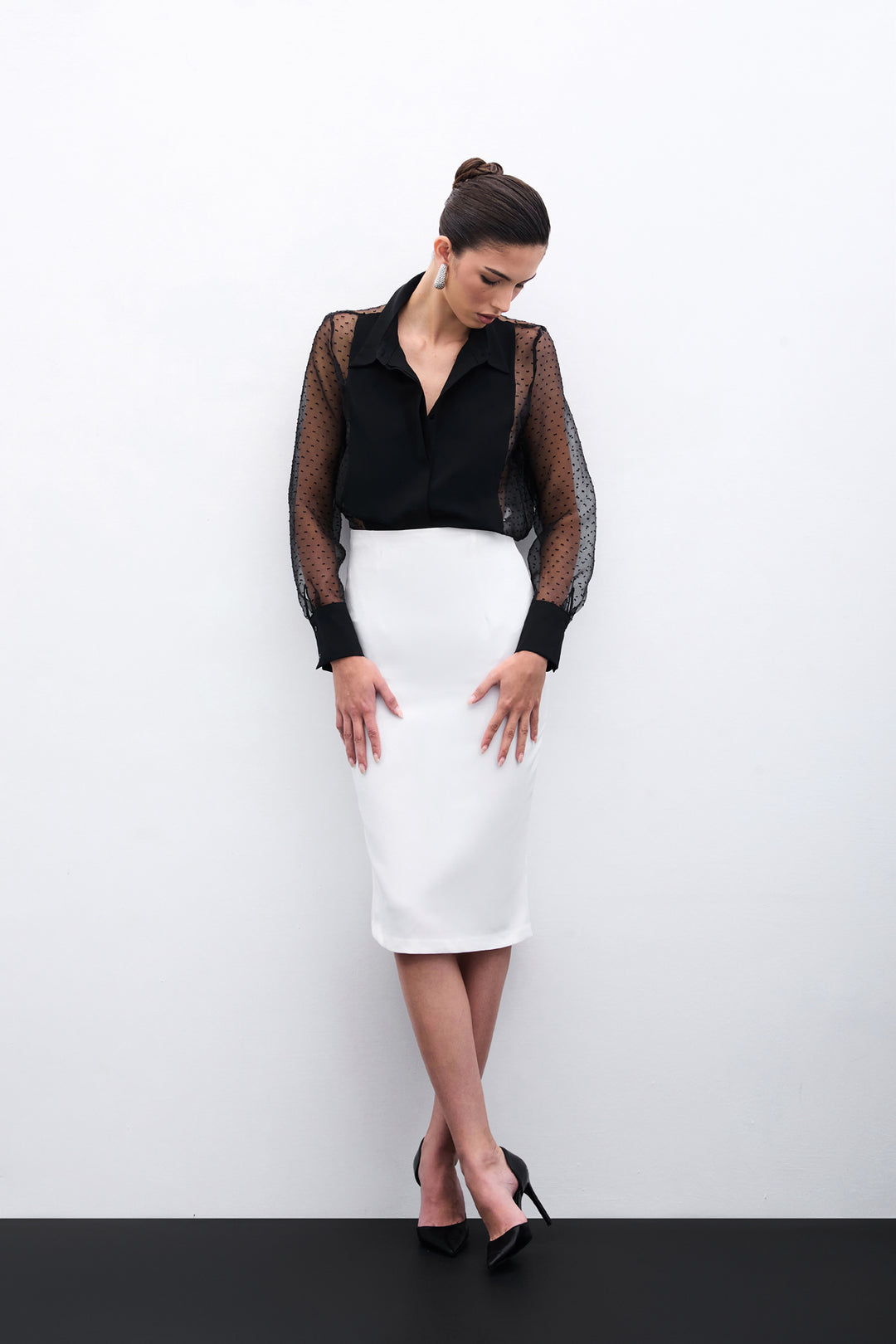 Sateen Chemise avec détails en organza - Noir