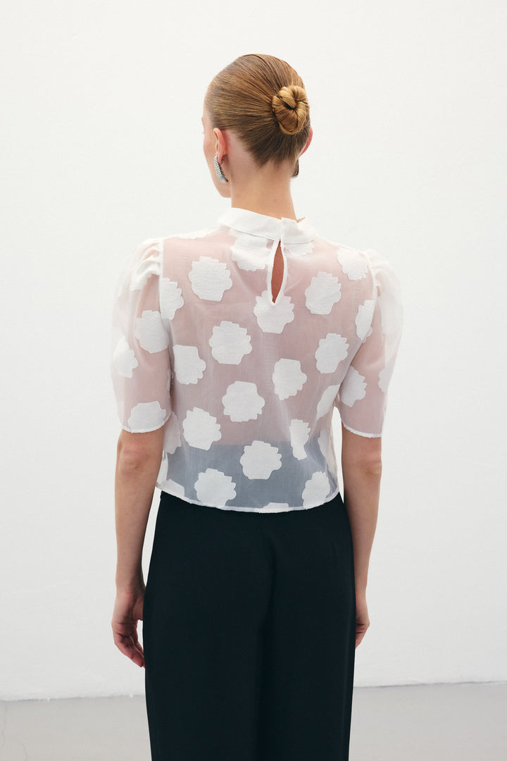 Sateen Blouse à manches courtes en organza - Écru
