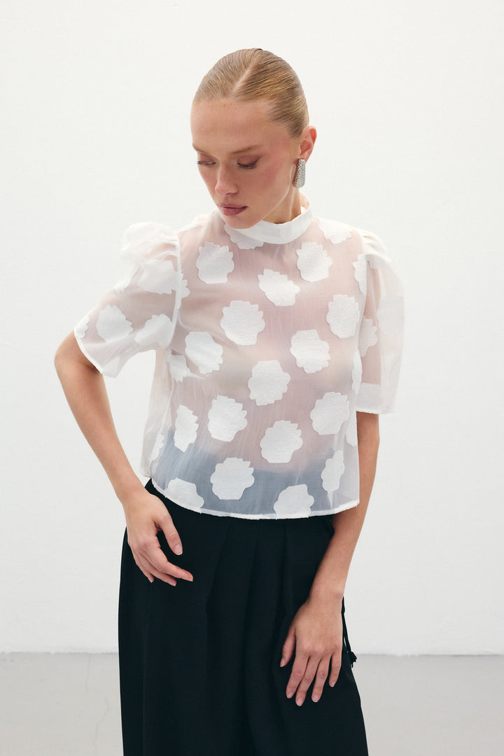 Sateen Blouse à manches courtes en organza - Écru