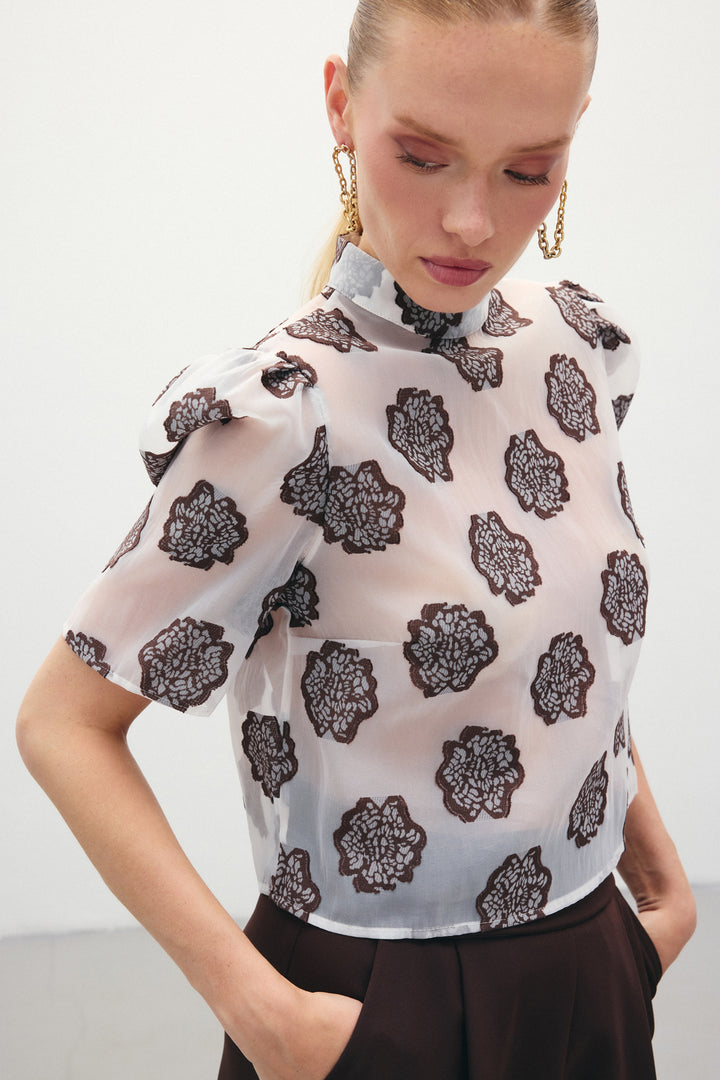 Sateen Blouse à manches courtes en organza - Marron