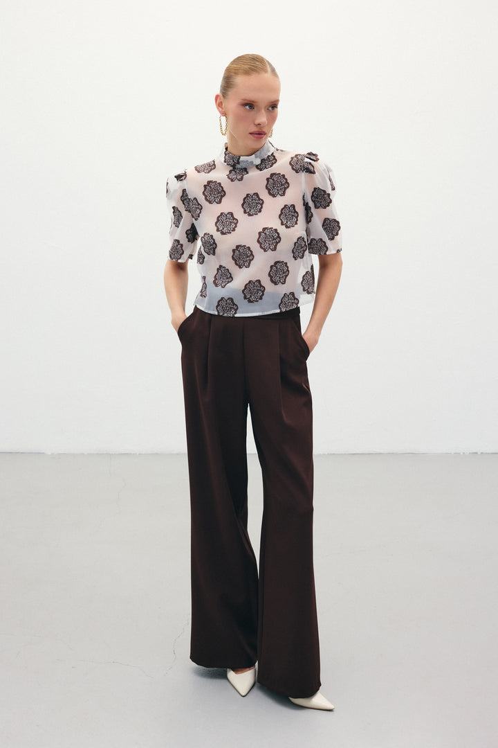 Sateen Blouse à manches courtes en organza - Marron