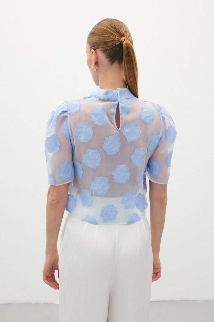 Sateen Blouse à manches courtes en organza - Bleu