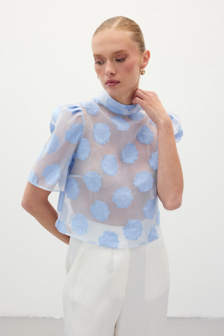 Sateen Blouse à manches courtes en organza - Bleu
