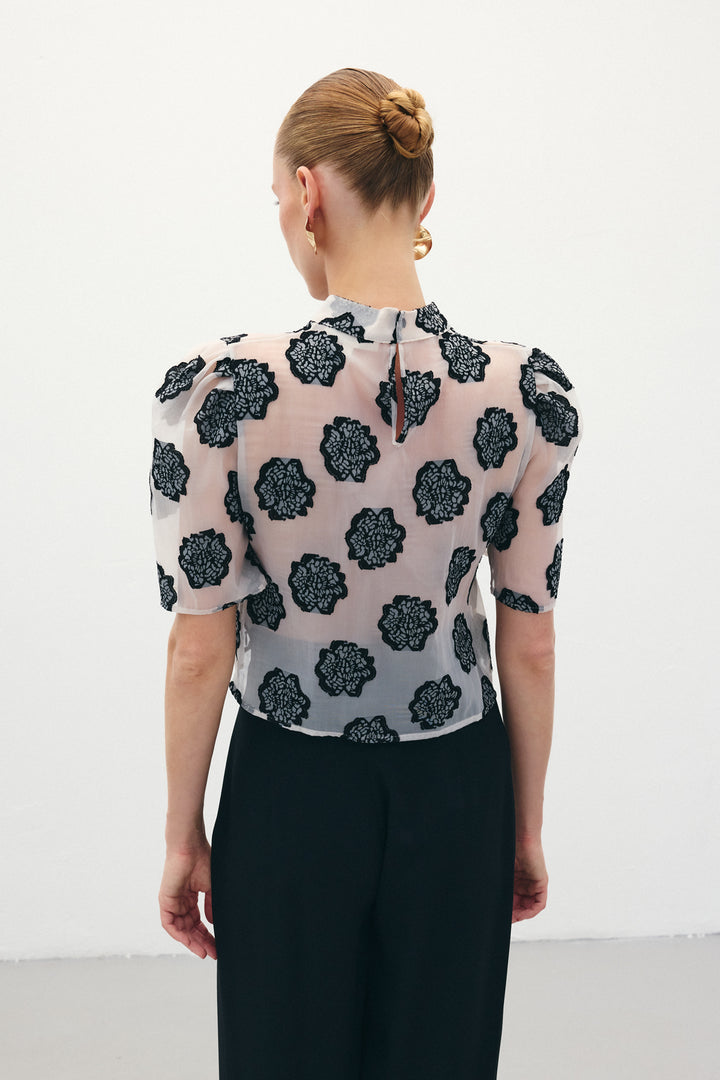 Sateen Blouse à manches courtes en organza - Noir